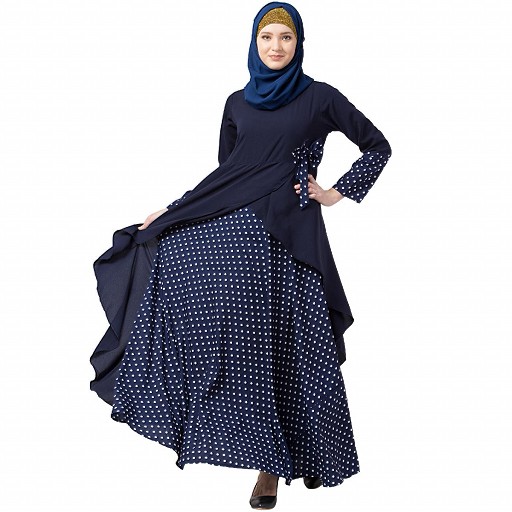 Polka dotted asymmetrical dress abaya- Navy Blue